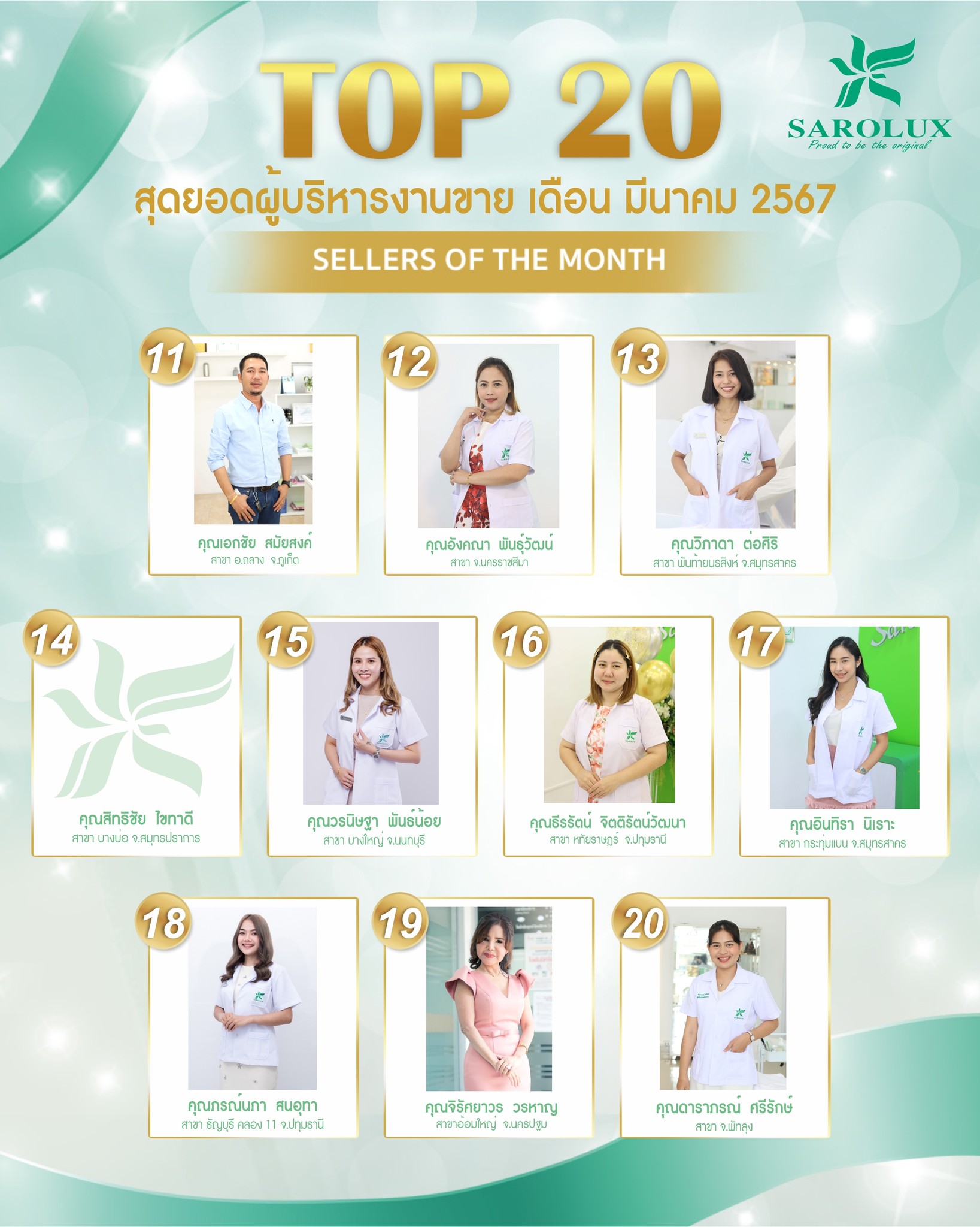 รางวัลเชิดชูเกียรติ เพชรสะโรรักษ์ สาขา 20 อันดับผู้บริหารงานขาย เดือนมีนาคม 2567 ลำดับที่11-20