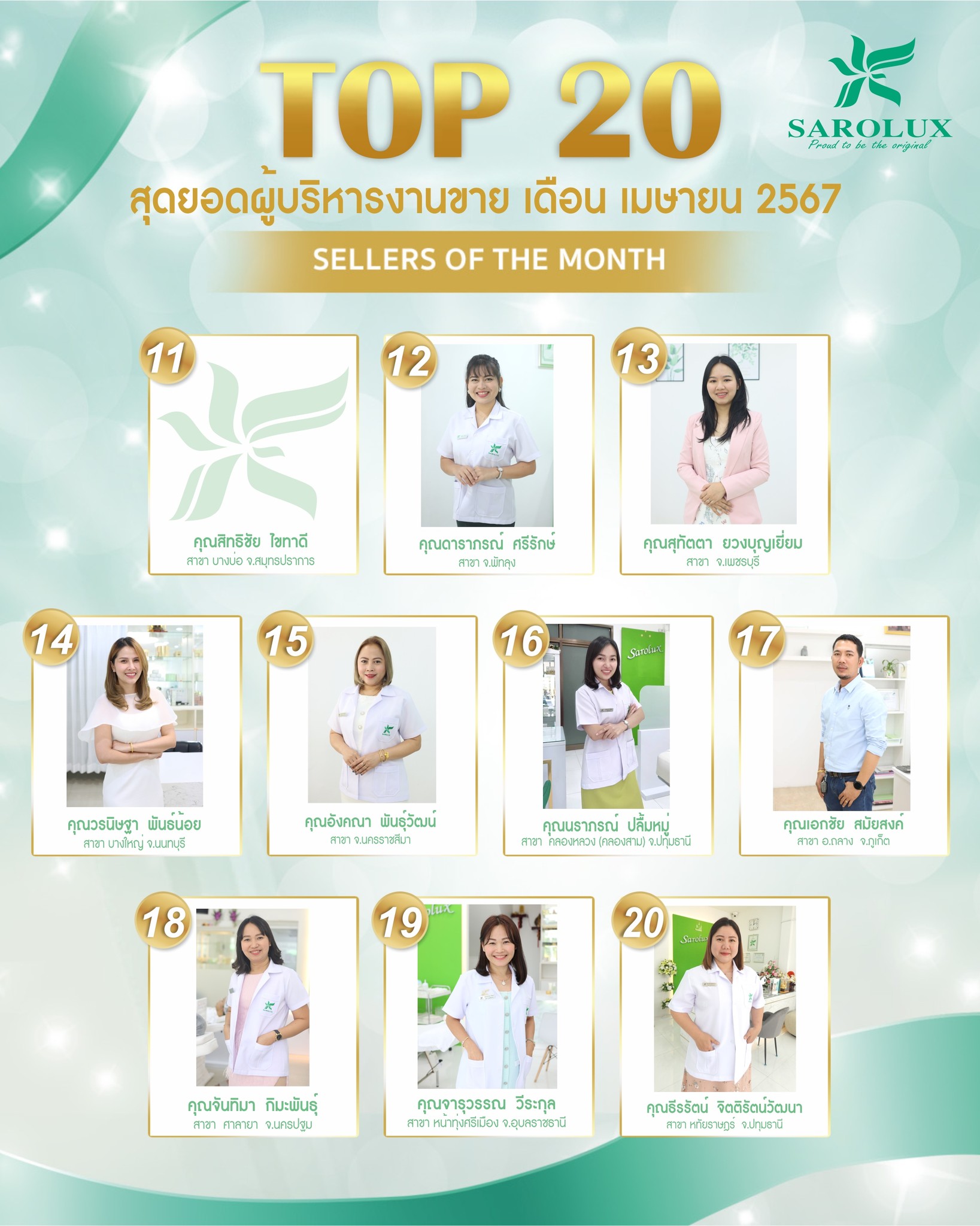 รางวัลเชิดชูเกียรติ เพชรสะโรรักษ์ สาขา 20 อันดับผู้บริหารงานขาย เดือนเมษายน 2567 ลำดับที่11-20