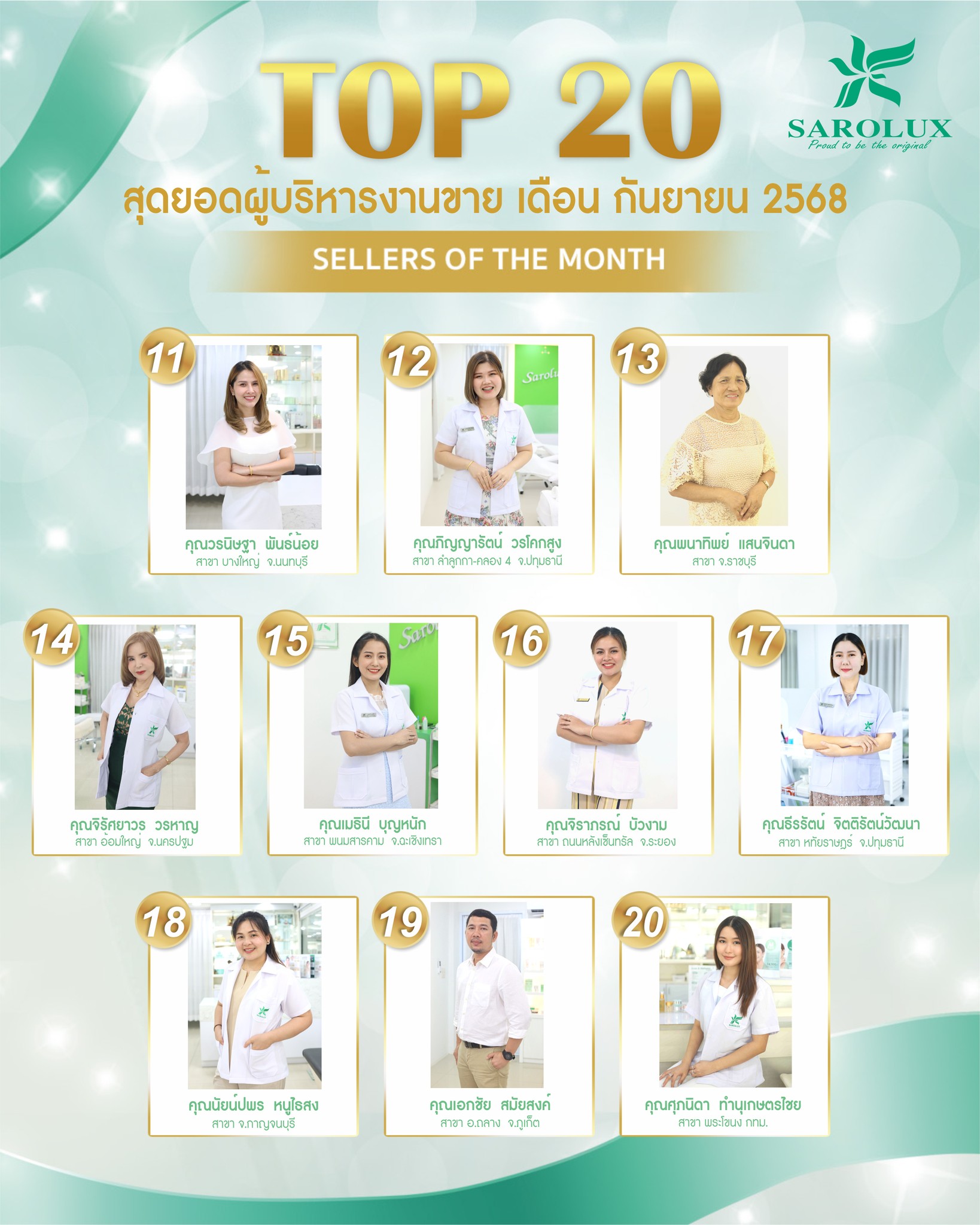 รางวัลเชิดชูเกียรติ เพชรสะโรรักษ์ สาขา 20 อันดับผู้บริหารงานขาย เดือนกันยายน 2568 ลำดับที่ 11-20 รางวัลเชิดชูเกียรติ เพชรสะโรรักษ์ สาขา 20 อันดับผู้บริหารงานขาย เดือนกันยายน 2568 ลำดับที่ 11-20