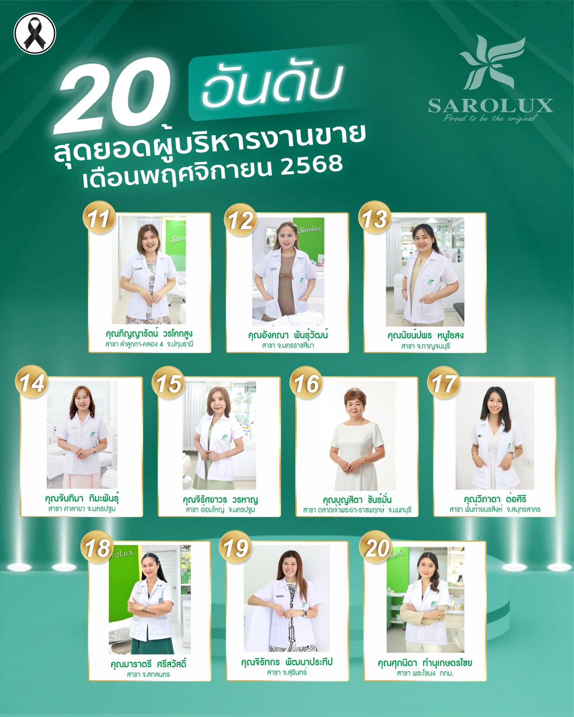 รางวัลเชิดชูเกียรติ เพชรสะโรรักษ์ สาขา 20 อันดับผู้บริหารงานขาย เดือนพฤศจิกายน 2568 ลำดับที่ 11-20